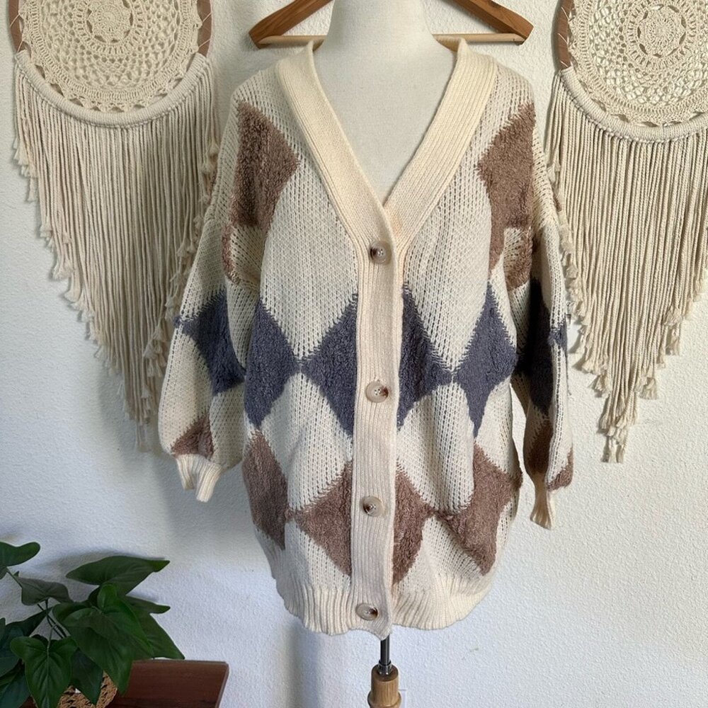 Sadie & sage cream brown and blue knit button front cardigan medium
